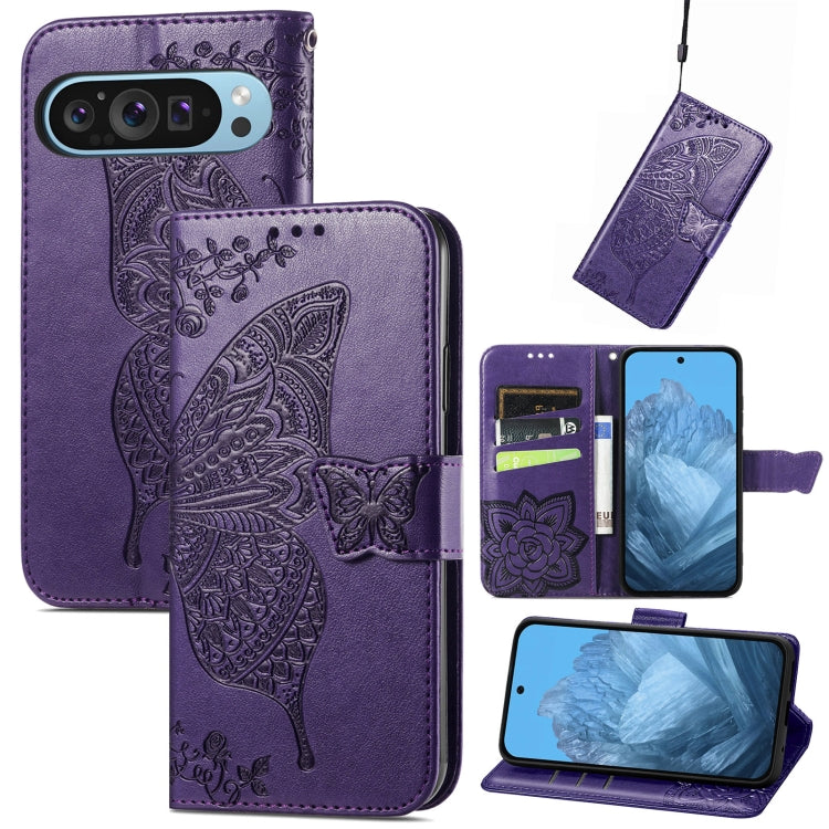 For Google Pixel 9 Butterfly Love Flower Embossed Leather Phone Case(Dark Purple) - Google Cases by buy2fix | Online Shopping UK | buy2fix