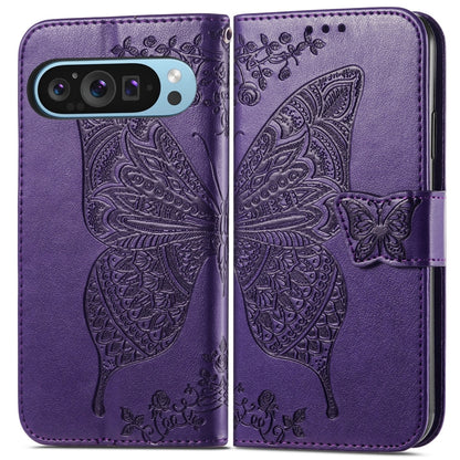 For Google Pixel 9 Butterfly Love Flower Embossed Leather Phone Case(Dark Purple) - Google Cases by buy2fix | Online Shopping UK | buy2fix