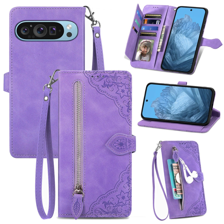 For Google Pixel 9 Embossed Flower Zipper Leather Phone Case(Purple) - Google Cases by buy2fix | Online Shopping UK | buy2fix