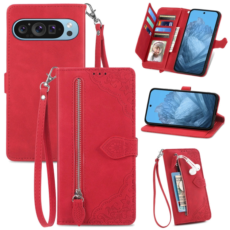 For Google Pixel 9 Embossed Flower Zipper Leather Phone Case(Red) - Google Cases by buy2fix | Online Shopping UK | buy2fix