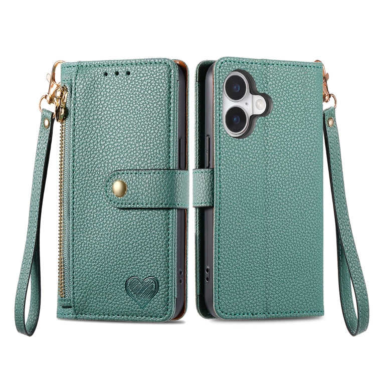 For iPhone 16 Plus Love Zipper Lanyard Leather Phone Case(Green) - iPhone 16 Plus Cases by buy2fix | Online Shopping UK | buy2fix