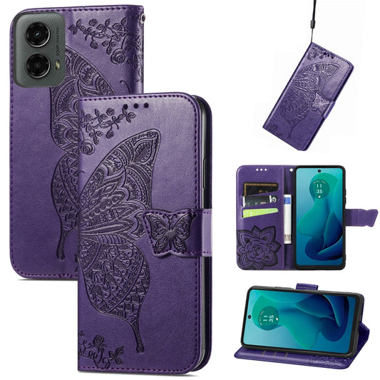 For Motorola Moto G 5G 2024 Butterfly Love Flower Embossed Leather Phone Case(Dark Purple) - Motorola Cases by buy2fix | Online Shopping UK | buy2fix