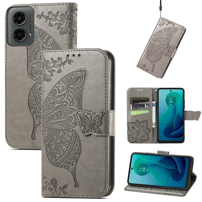 For Motorola Moto G 5G 2024 Butterfly Love Flower Embossed Leather Phone Case(Gray) - Motorola Cases by buy2fix | Online Shopping UK | buy2fix