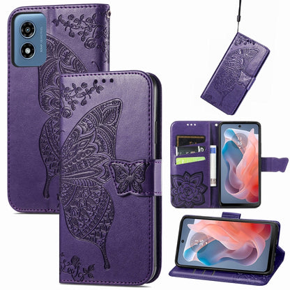 For Motorola Moto G  Play  2024 Butterfly Love Flower Embossed Leather Phone Case(Dark Purple) - Motorola Cases by buy2fix | Online Shopping UK | buy2fix