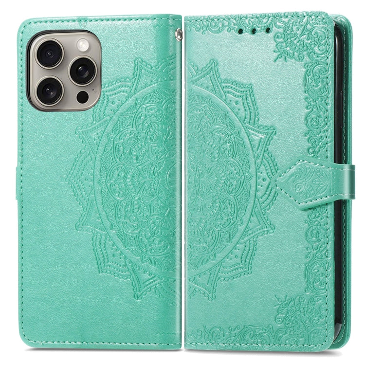 For iPhone 16 Plus Mandala Flower Embossed Leather Phone Case(Green) - iPhone 16 Plus Cases by buy2fix | Online Shopping UK | buy2fix