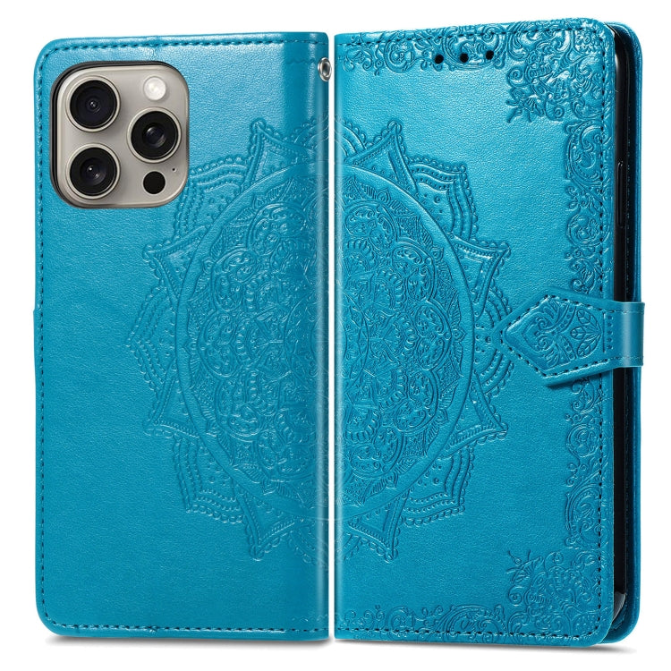 For iPhone 16 Plus Mandala Flower Embossed Leather Phone Case(Blue) - iPhone 16 Plus Cases by buy2fix | Online Shopping UK | buy2fix