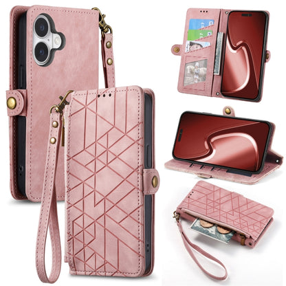 For iPhone 16 Geometric Zipper Wallet Side Buckle Leather Phone Case(Pink) - iPhone 16 Cases by buy2fix | Online Shopping UK | buy2fix