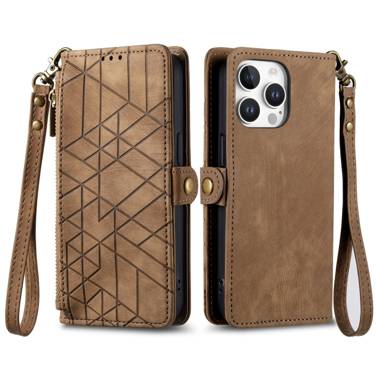 For iPhone 16 Pro Geometric Zipper Wallet Side Buckle Leather Phone Case(Brown) - iPhone 16 Pro Cases by buy2fix | Online Shopping UK | buy2fix