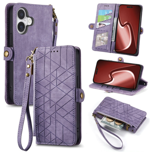 For iPhone 16 Plus Geometric Zipper Wallet Side Buckle Leather Phone Case(Purple) - iPhone 16 Plus Cases by buy2fix | Online Shopping UK | buy2fix