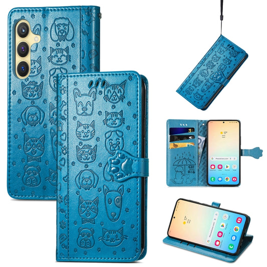 For Samsung Galaxy S25+ 5G Cat and Dog Embossed Leather Phone Case(Blue) - Galaxy S25+ 5G Cases by buy2fix | Online Shopping UK | buy2fix