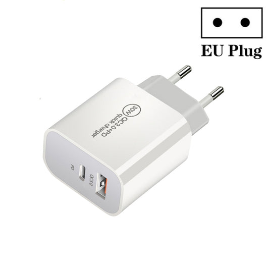 PD30W USB-C / Type-C + QC3.0 USB Dual Port Charger, Plug Size:EU Plug - USB Charger by buy2fix | Online Shopping UK | buy2fix