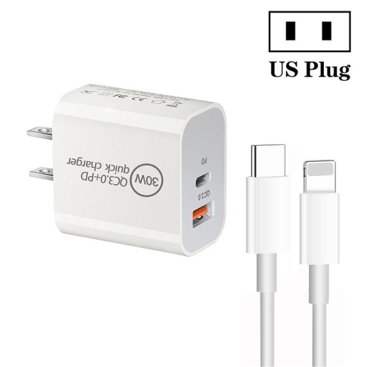 PD30W USB-C / Type-C + QC3.0 USB Dual Port Charger with 1m Type-C to 8 Pin Data Cable, US Plug - USB Charger by buy2fix | Online Shopping UK | buy2fix