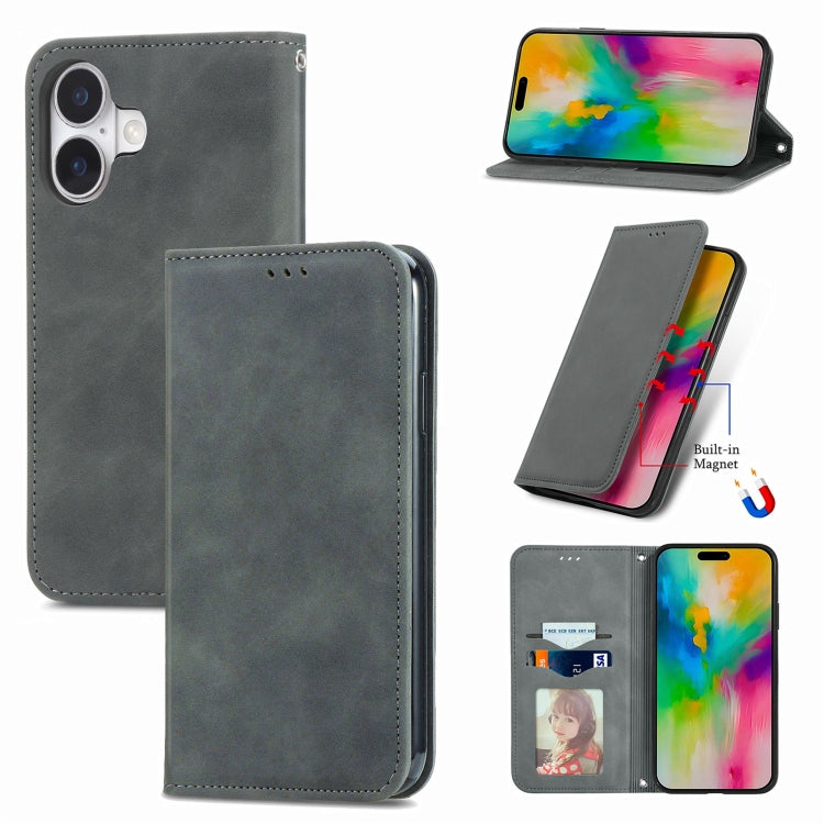 For iPhone 16 Plus Retro Skin Feel Magnetic Flip Leather Phone Case(Gray) - iPhone 16 Plus Cases by buy2fix | Online Shopping UK | buy2fix