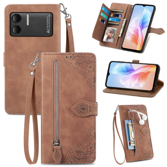 For DOOGEE X98 Pro / X98 Embossed Flower Zipper Leather Phone Case(Brown) - Doogee Cases by buy2fix | Online Shopping UK | buy2fix