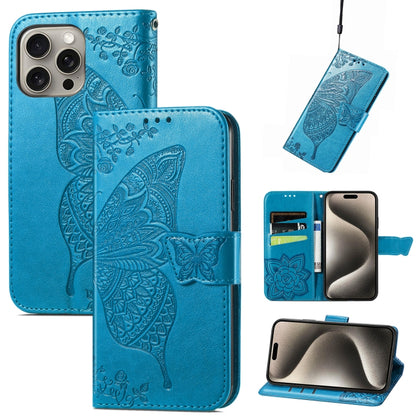 For iPhone 16 Pro Butterfly Love Flower Embossed Leather Phone Case(Blue) - iPhone 16 Pro Cases by buy2fix | Online Shopping UK | buy2fix