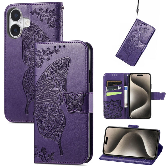 For iPhone 16 Plus Butterfly Love Flower Embossed Leather Phone Case(Purple) - iPhone 16 Plus Cases by buy2fix | Online Shopping UK | buy2fix