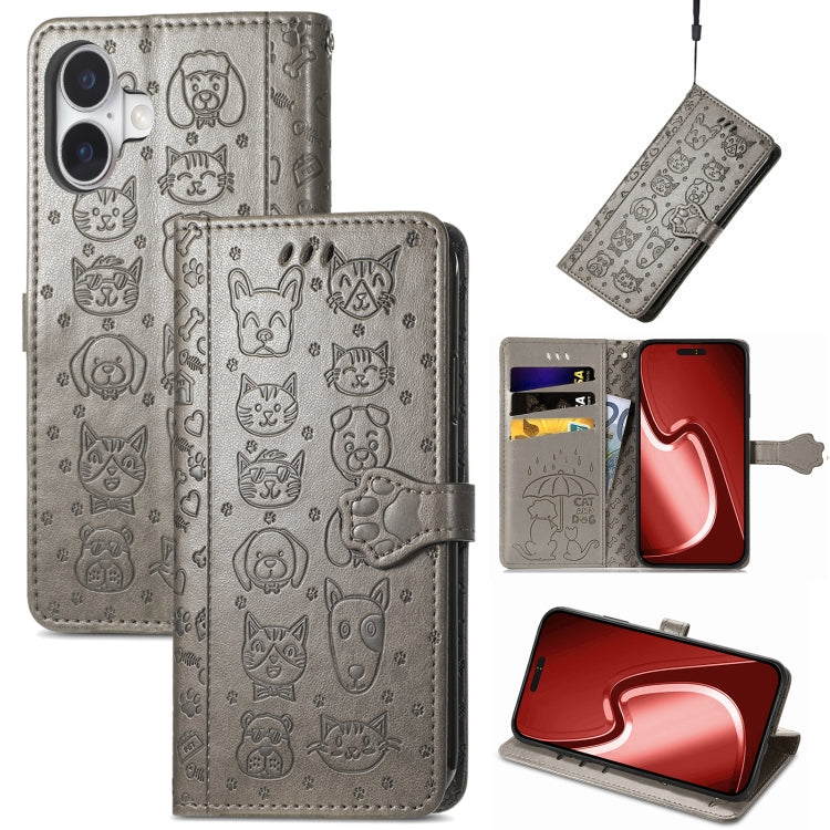 For iPhone 16 Cat and Dog Embossed Leather Phone Case(Gray) - iPhone 16 Cases by buy2fix | Online Shopping UK | buy2fix