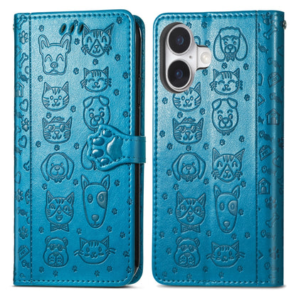 For iPhone 16 Plus Cat and Dog Embossed Leather Phone Case(Blue) - iPhone 16 Plus Cases by buy2fix | Online Shopping UK | buy2fix