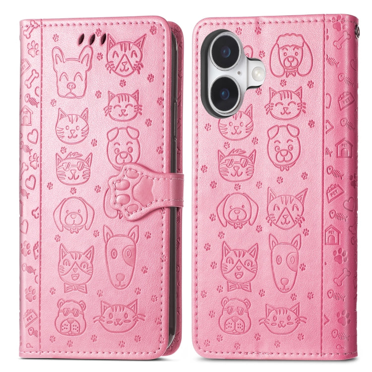 For iPhone 16 Plus Cat and Dog Embossed Leather Phone Case(Pink) - iPhone 16 Plus Cases by buy2fix | Online Shopping UK | buy2fix