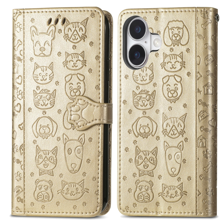 For iPhone 16 Plus Cat and Dog Embossed Leather Phone Case(Gold) - iPhone 16 Plus Cases by buy2fix | Online Shopping UK | buy2fix