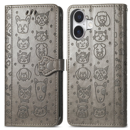 For iPhone 16 Plus Cat and Dog Embossed Leather Phone Case(Gray) - iPhone 16 Plus Cases by buy2fix | Online Shopping UK | buy2fix