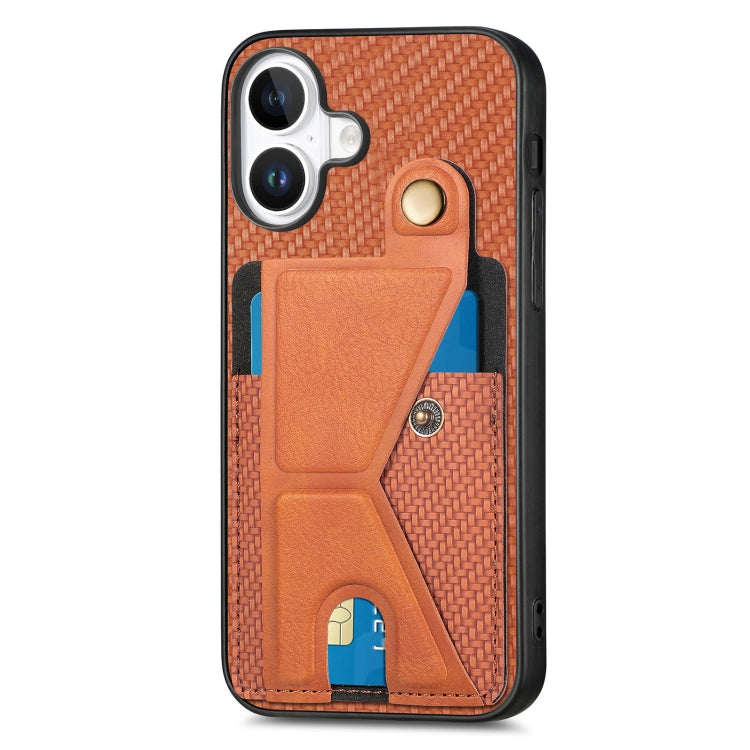 For iPhone 16 Plus Carbon Fiber Wallet Flip Card K-shaped Holder Phone Case(Brown) - iPhone 16 Plus Cases by buy2fix | Online Shopping UK | buy2fix