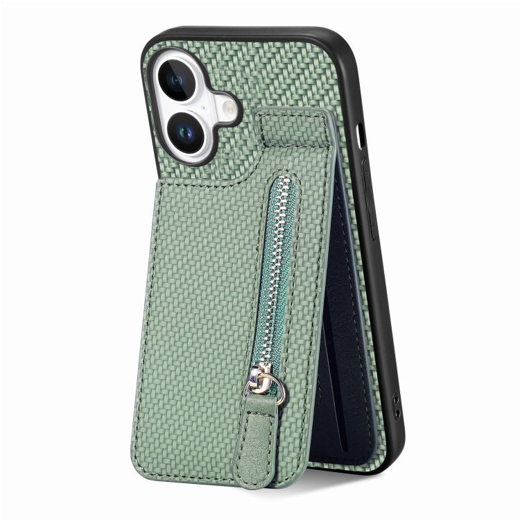 For iPhone 16 Plus Carbon Fiber Vertical Flip Zipper Phone Case(Green) - iPhone 16 Plus Cases by buy2fix | Online Shopping UK | buy2fix