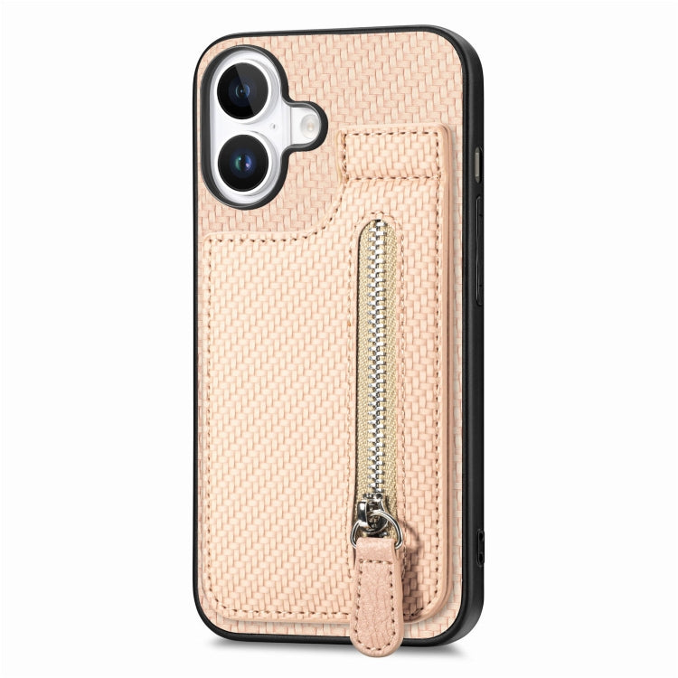 For iPhone 16 Plus Carbon Fiber Vertical Flip Zipper Phone Case(Khaki) - iPhone 16 Plus Cases by buy2fix | Online Shopping UK | buy2fix