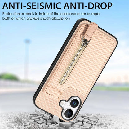 For iPhone 16 Plus Carbon Fiber Vertical Flip Zipper Phone Case(Khaki) - iPhone 16 Plus Cases by buy2fix | Online Shopping UK | buy2fix