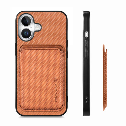 For iPhone 16 Plus Carbon Fiber Leather Card Magsafe Phone Case(Brown) - iPhone 16 Plus Cases by buy2fix | Online Shopping UK | buy2fix