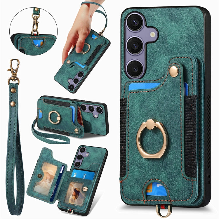 For Samsung Galaxy S25+ 5G Retro Skin-feel Ring Multi-card Wallet Phone Case(Green) - Galaxy S25+ 5G Cases by buy2fix | Online Shopping UK | buy2fix