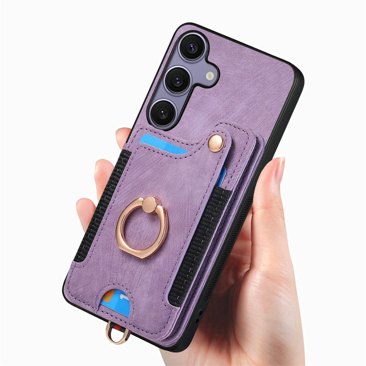 For Samsung Galaxy S25+ 5G Retro Skin-feel Ring Multi-card Wallet Phone Case(Purple) - Galaxy S25+ 5G Cases by buy2fix | Online Shopping UK | buy2fix