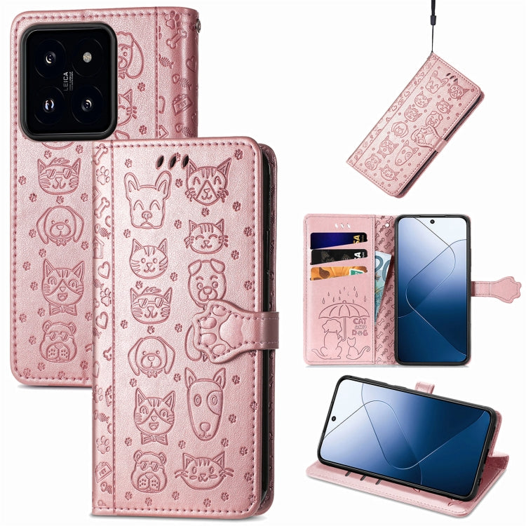 For  Xiaomi 14 Pro Cat and Dog Embossed Leather Phone Case(Rose Gold) - 14 Pro Cases by buy2fix | Online Shopping UK | buy2fix