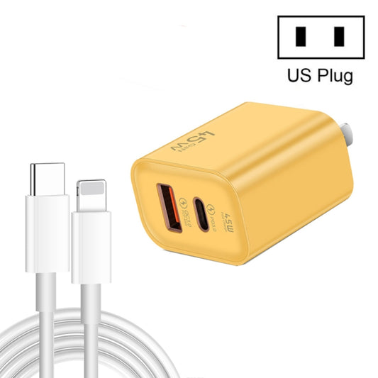 45PQ 45W PD25W + QC3.0 20W USB Super Fast Charger with Type-C to 8 Pin Cable, US Plug(Yellow) - USB Charger by buy2fix | Online Shopping UK | buy2fix