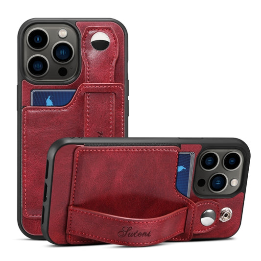 For iPhone 15 Pro Max SUTENI H12 Wrist Strap Leather Back Phone Case with Card Slot(Red) - iPhone 15 Pro Max Cases by Suteni | Online Shopping UK | buy2fix