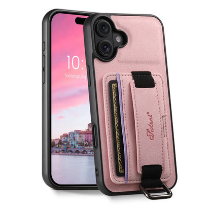 For iPhone 16 Suteni H13 Litchi Leather Wrist Strap Wallet Back Phone Case(Pink) - iPhone 16 Cases by Suteni | Online Shopping UK | buy2fix