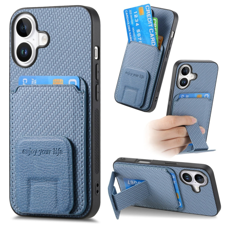 For iPhone 16 Plus Carbon Fiber Card Bag Fold Stand Phone Case(Blue) - iPhone 16 Plus Cases by buy2fix | Online Shopping UK | buy2fix