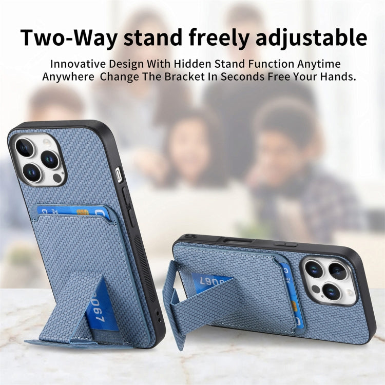 For iPhone 16 Pro Carbon Fiber Card Bag Fold Stand Phone Case(Blue) - iPhone 16 Pro Cases by buy2fix | Online Shopping UK | buy2fix