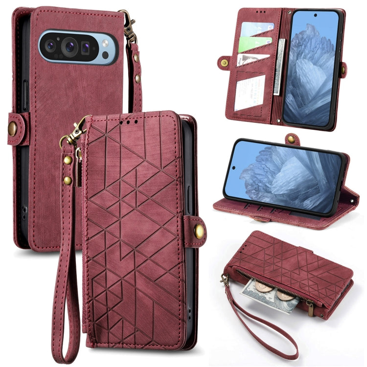 For Google Pixel 9 Geometric Zipper Wallet Side Buckle Leather Phone Case(Red) - Google Cases by buy2fix | Online Shopping UK | buy2fix