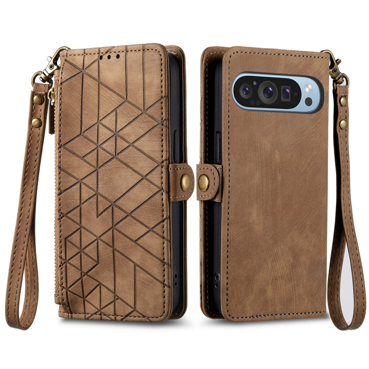 For Google Pixel 9 Geometric Zipper Wallet Side Buckle Leather Phone Case(Brown) - Google Cases by buy2fix | Online Shopping UK | buy2fix