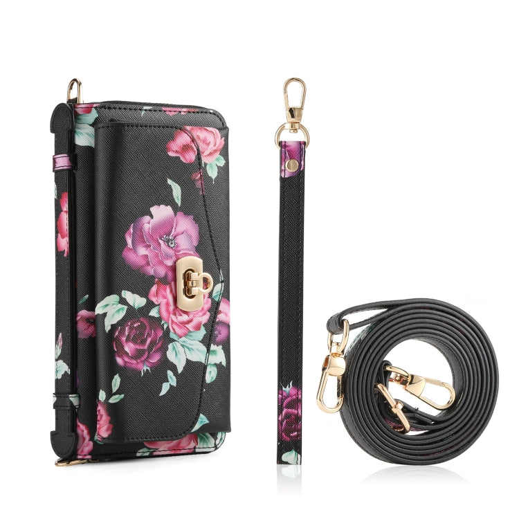 For iPhone 14 Pro Max MagSafe Flower Multi-functional Crossbody Zipper Wallet Leather Phone Case(Black) - iPhone 14 Pro Max Cases by buy2fix | Online Shopping UK | buy2fix