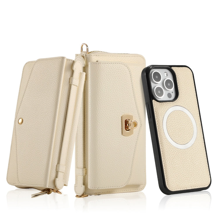 For iPhone 15 Pro MagSafe Crossbody Multi-functional Zipper Wallet Litchi Leather Phone Case(White) - iPhone 15 Pro Cases by buy2fix | Online Shopping UK | buy2fix