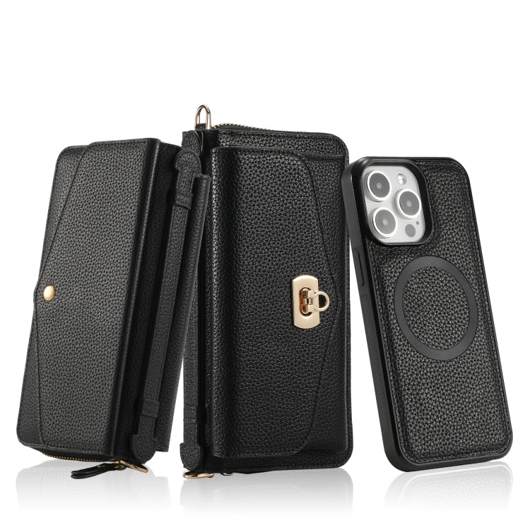 For iPhone 15 Pro MagSafe Crossbody Multi-functional Zipper Wallet Litchi Leather Phone Case(Black) - iPhone 15 Pro Cases by buy2fix | Online Shopping UK | buy2fix