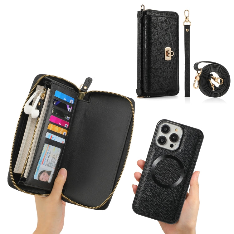 For iPhone 14 Plus MagSafe Crossbody Multi-functional Zipper Wallet Litchi Leather Phone Case(Black) - iPhone 14 Plus Cases by buy2fix | Online Shopping UK | buy2fix