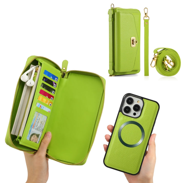 For iPhone 14 MagSafe Crossbody Multi-functional Zipper Wallet Litchi Leather Phone Case(Green) - iPhone 14 Cases by buy2fix | Online Shopping UK | buy2fix