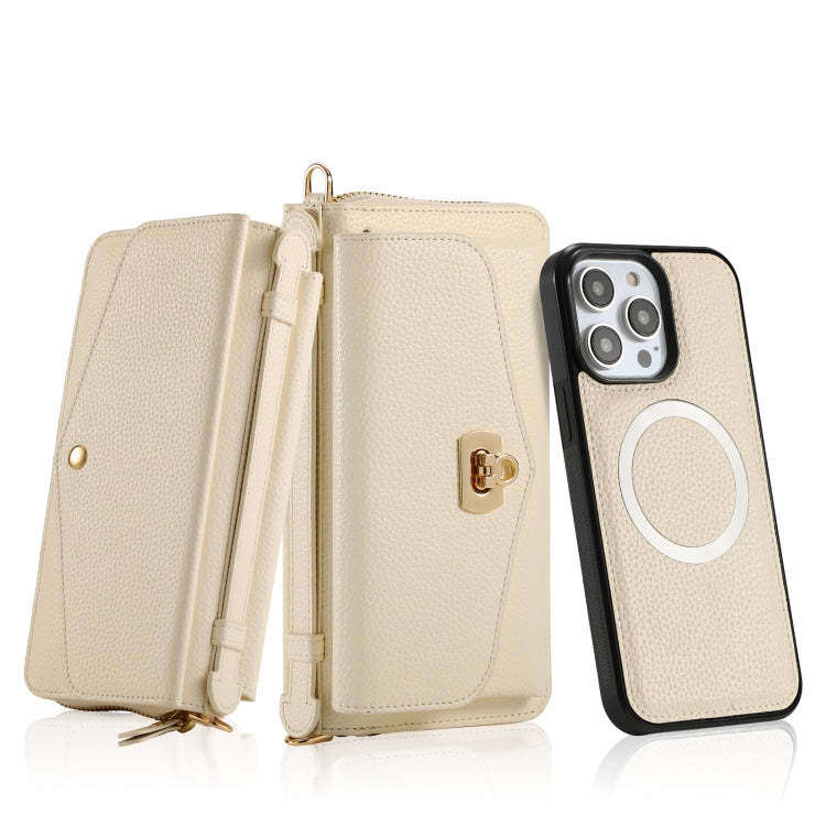 For iPhone 14 Pro Max MagSafe Crossbody Multi-functional Zipper Wallet Litchi Leather Phone Case(White) - iPhone 14 Pro Max Cases by buy2fix | Online Shopping UK | buy2fix