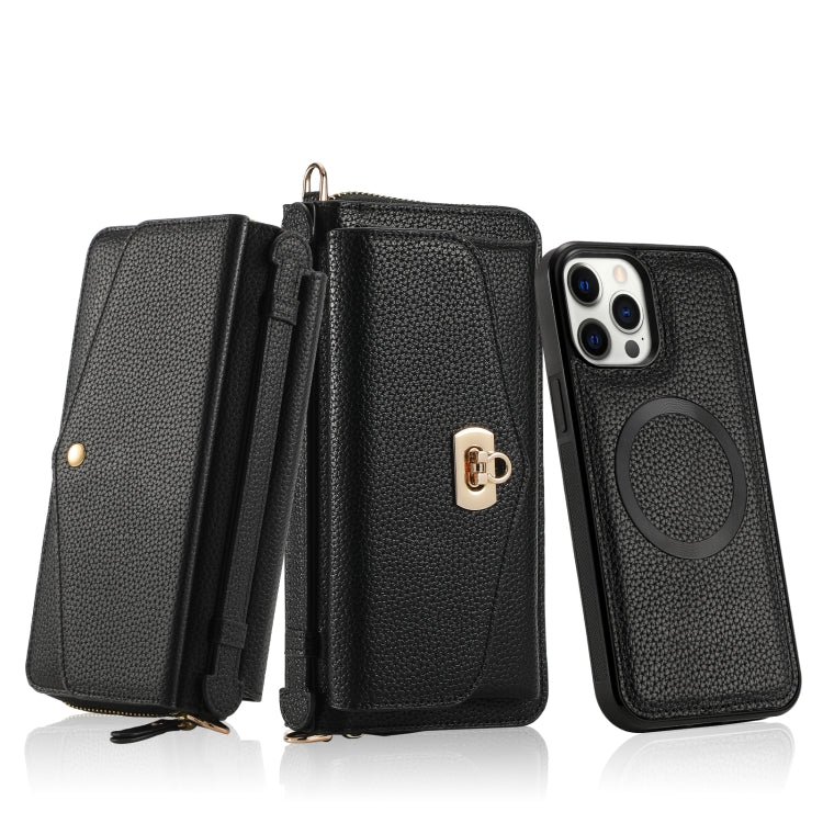 For iPhone 12 MagSafe Crossbody Multi-functional Zipper Wallet Litchi Leather Phone Case(Black) - iPhone 12 / 12 Pro Cases by buy2fix | Online Shopping UK | buy2fix