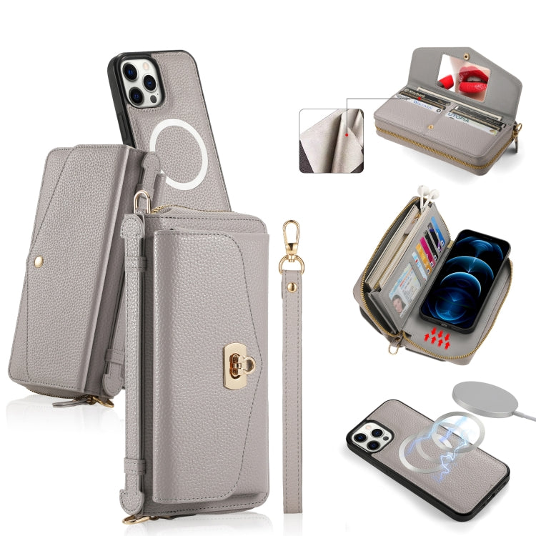 For iPhone 12 Pro MagSafe Crossbody Multi-functional Zipper Wallet Litchi Leather Phone Case(Grey) - iPhone 12 / 12 Pro Cases by buy2fix | Online Shopping UK | buy2fix