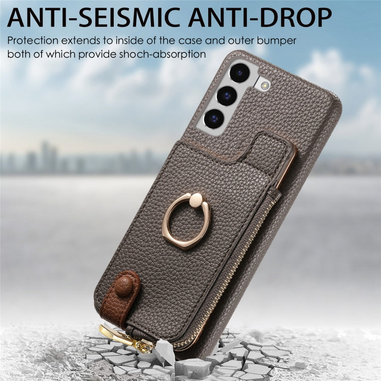 For Samsung Galaxy S22 5G Litchi Leather Oil Edge Ring Zipper Wallet Back Phone Case(Grey) - Galaxy S22 5G Cases by buy2fix | Online Shopping UK | buy2fix