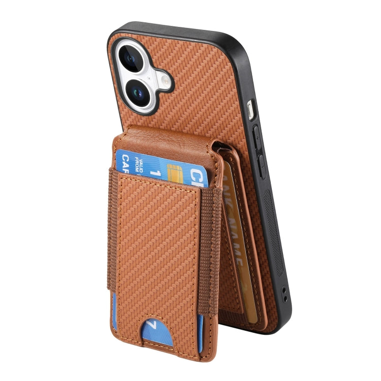 For iPhone 16 Plus Carbon Fiber Vertical Flip Wallet Stand Phone Case(Brown) - iPhone 16 Plus Cases by buy2fix | Online Shopping UK | buy2fix